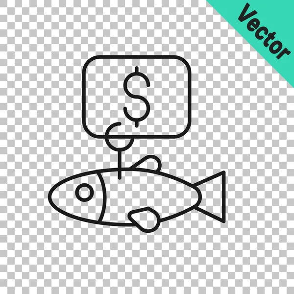 Schwarze Linie Preisschild für Fisch-Symbol isoliert auf transparentem Hintergrund. Vektor — Stockvektor