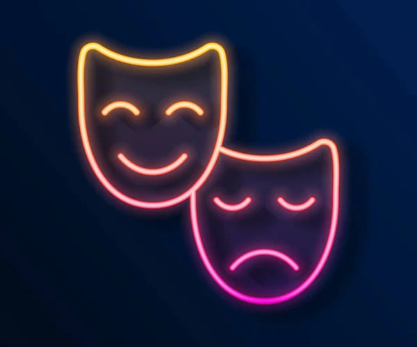 Gloeiende neon lijn Komedie en tragedie theatrale maskers pictogram geïsoleerd op zwarte achtergrond. Vector — Stockvector