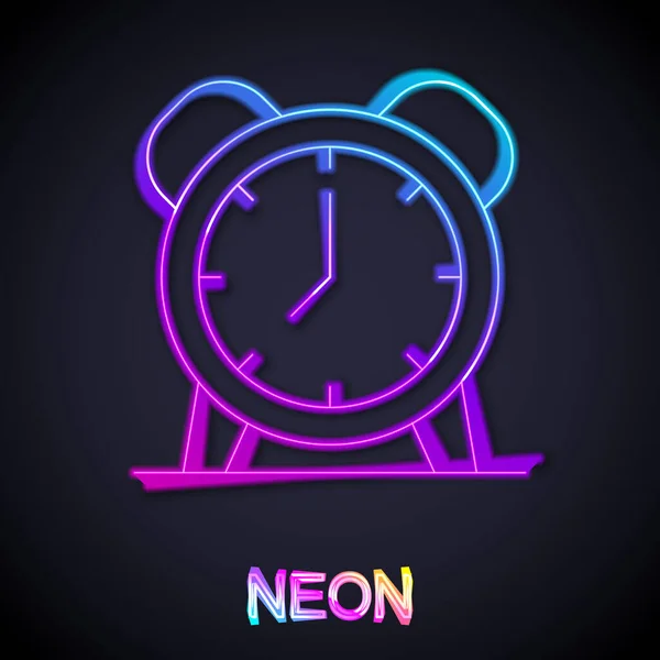 Icono de reloj despertador de línea de neón brillante aislado sobre fondo negro. Despierta, levántate concepto. Señal de tiempo. Vector — Vector de stock