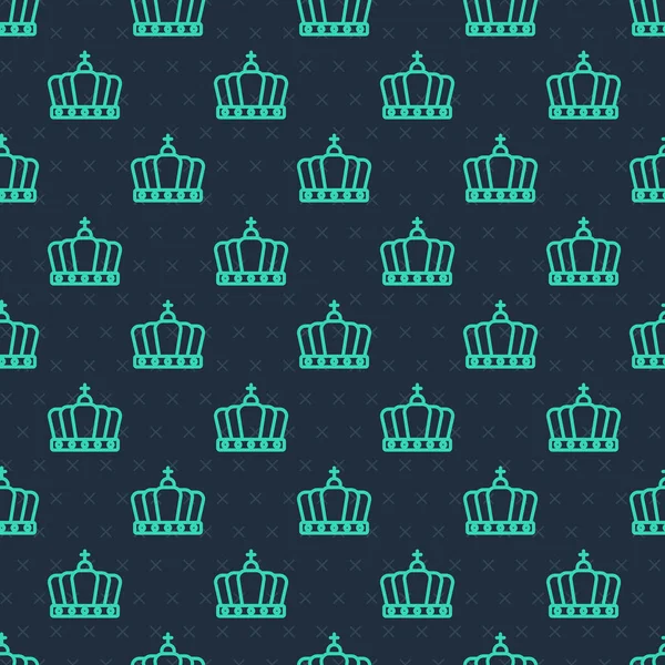 Yeşil çizgi King Crown ikonu mavi arkaplandaki kusursuz deseni izole etti. Vektör — Stok Vektör