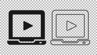 Siyah Online video oynatma simgesi şeffaf arkaplanda izole edildi. Dizüstü bilgisayar ve oyun işaretli film şeridi. Vektör