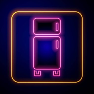 Parlayan neon buzdolabı simgesi siyah arkaplanda izole edildi. Buzdolabı buzdolabı. Ev aletleri ve aletler. Vektör