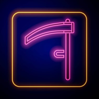 Parlayan neon renkli Scythe simgesi siyah arkaplanda izole edildi. Mutlu Cadılar Bayramı Partisi. Vektör