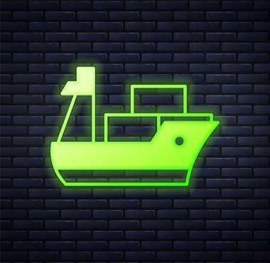 Parlayan neon kargo gemisi simgesi tuğla duvar arkasında izole edildi. Vektör