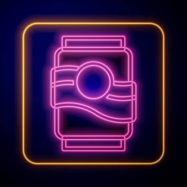 Parlayan neon soda kutusu simgesi siyah arkaplanda izole edildi. Vektör