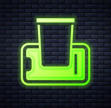 Parlayan neon yiyecekler, duvarın arkasında izole edilmiş gezici ikona sipariş ediliyor. Cep telefonuyla sipariş verin. Restoran yemek teslimatı konsepti. Vektör