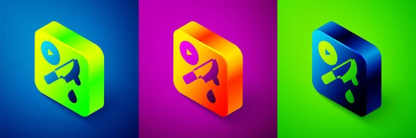 Isometric Thriller movie icon isolated on blue, purple and green background. Bloody knife. Suspenseful cinema genre, survival horror. Shocking films with gore and violence. Square button. Vector — Stock Vector