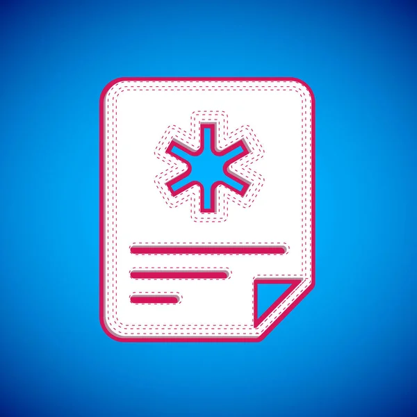Portapapeles médico blanco con icono de historia clínica aislado sobre fondo azul. Prescripción médica, informe de chequeo médico. Vector — Archivo Imágenes Vectoriales