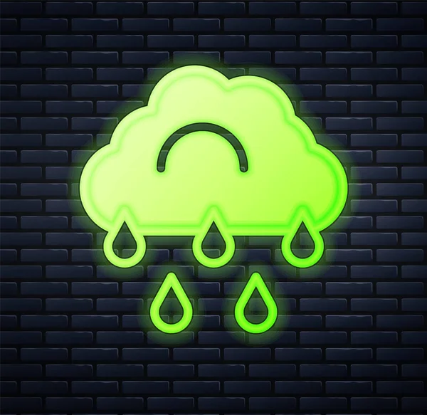 Gloeiende neon wolk met regen pictogram geïsoleerd op baksteen muur achtergrond. Regenwolk neerslag met regendruppels. Vector — Stockvector