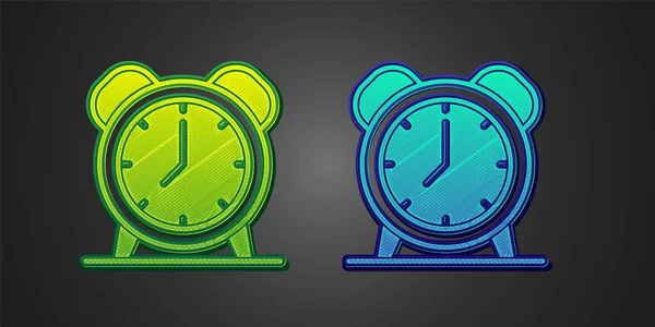 Icono de reloj despertador verde y azul aislado sobre fondo negro. Despierta, levántate concepto. Señal de tiempo. Vector — Vector de stock