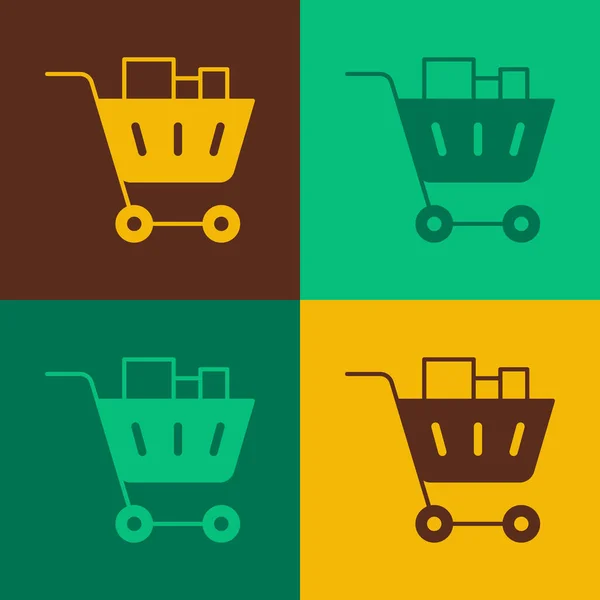 Pop art Shopping cart and food icon isolated on color background. Food store, supermarket. Vector — Stock Vector