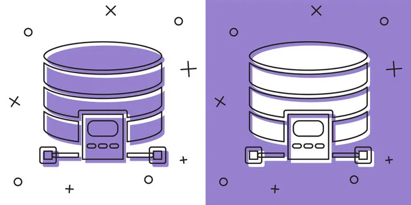 白と紫の背景にクラウドデータベースのアイコンを分離設定します。クラウドコンピューティングの概念。データ転送を備えたデジタルサービスまたはアプリ。ベクトル — ストックベクタ