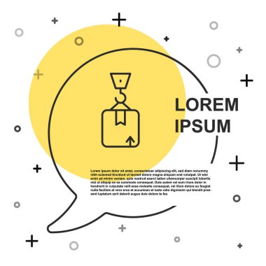 Beyaz zemin üzerinde karton kutu simgesi olan siyah çizgi Crane. Crane içinde kargo olan bir konteynırı kaldırıyor. Rastgele dinamik şekiller. Vektör