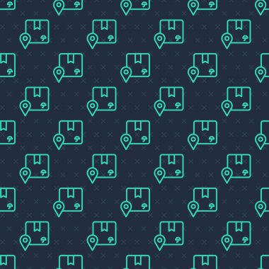 Mavi zemin üzerinde karton kutu simgesi izole edilmiş yeşil çizgi konumu. Teslimat hizmetleri, lojistik ve ulaşım, dağıtım. Vektör