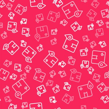 Kırmızı zemin üzerinde karton kutu simgesi izole edilmiş beyaz çizgi konumu. Teslimat hizmetleri, lojistik ve ulaşım, dağıtım. Vektör