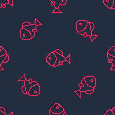 Kırmızı çizgi Balık simgesi siyah arkaplanda kusursuz desen izole etti. Vektör