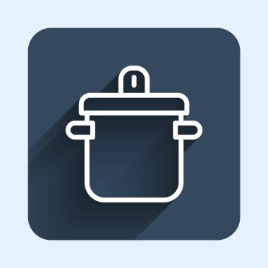 Beyaz çizgi tencere pişirme ikonu uzun gölge arkaplan izole. Haşlama ya da güveç besin sembolü. Mavi kare düğme. Vektör