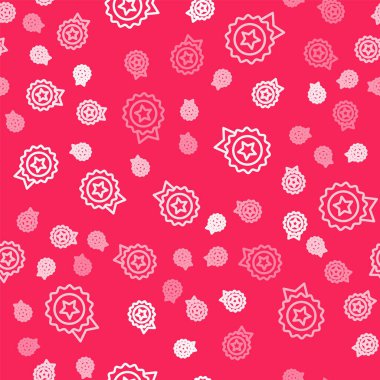 Yıldız simgesine sahip beyaz çizgi madalyası kırmızı arka planda izole edilmiş kusursuz desen. Kazanan başarı işareti. Ödül madalyası. Vektör