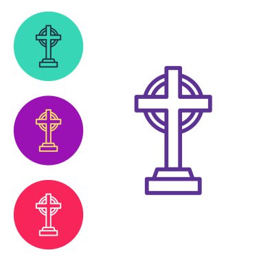 Beyaz arkaplanda çapraz simge ile çizgi Tombstone 'u ayarlayın. Mezar ikonu. Mutlu Cadılar Bayramı Partisi. Simgeleri renklendirin. Vektör