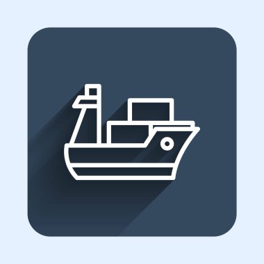 Beyaz çizgi kargo gemisi simgesi uzun gölge arkaplanı ile izole edildi. Mavi kare düğme. Vektör