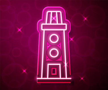 Parlayan neon hattı Deniz feneri simgesi kırmızı arkaplanda izole edildi. Vektör