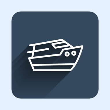 Beyaz çizgi sürat teknesi simgesi uzun gölge arkaplanı ile izole edildi. Mavi kare düğme. Vektör