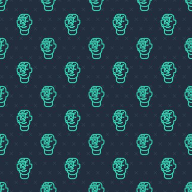 Yeşil çizgi Gözlük üzerine yerleştirilmiş akıllı gözlükler ikon mavi arkaplanda izole edilmiş pürüzsüz desen. Giyilebilir elektronik, akıllı gözlüklü, kameralı ve ekranlı. Vektör