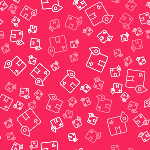 Kırmızı zemin üzerinde karton kutu simgesi izole edilmiş beyaz çizgi konumu. Teslimat hizmetleri, lojistik ve ulaşım, dağıtım. Vektör