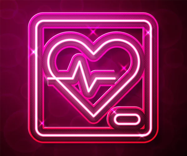 Línea de neón brillante Icono de frecuencia cardíaca aislado sobre fondo rojo. Signo de latido. Icono de pulso. Icono del cardiograma. Vector — Vector de stock