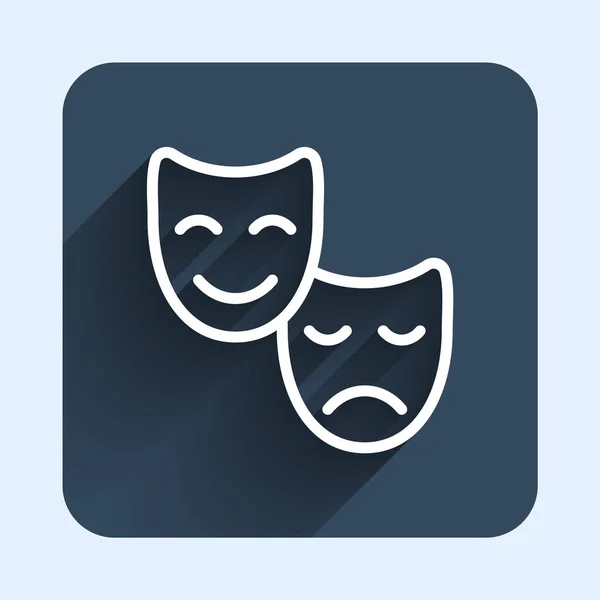 Linea bianca Commedia e tragedia maschere teatrali icona isolata con sfondo lunga ombra. Pulsante quadrato blu. Vettore — Vettoriale Stock