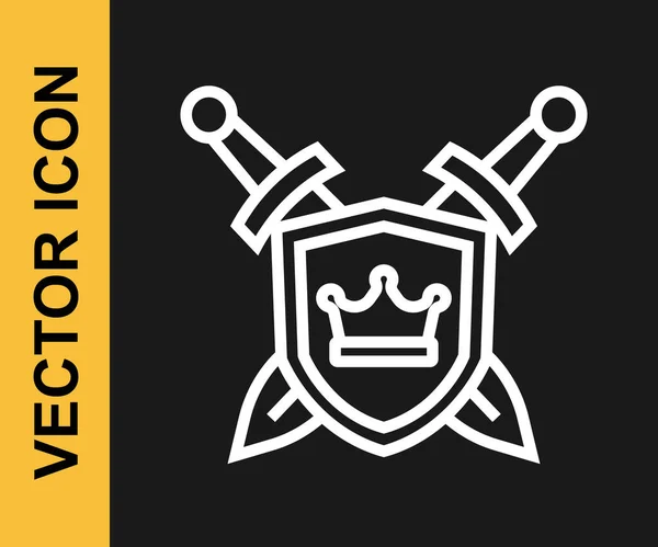 Línea blanca Escudo medieval con icono de espadas cruzadas aisladas sobre fondo negro. Vector — Vector de stock