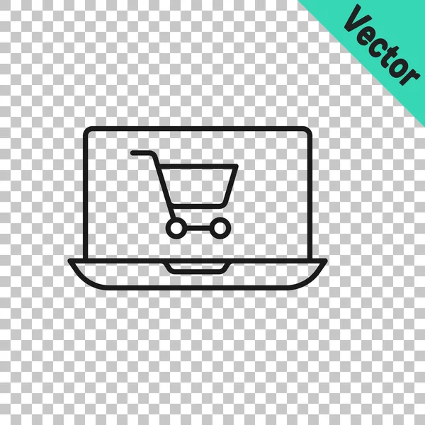 Linha preta Carrinho de compras na tela ícone laptop isolado em fundo transparente. Conceito e-commerce, e-business, marketing de negócios online. Vetor — Vetor de Stock