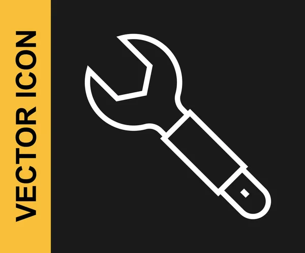 Weiße Linie Schlüsselschlüssel-Symbol isoliert auf schwarzem Hintergrund. Schlüsselreparaturwerkzeug. Service-Tool-Symbol. Vektor — Stockvektor