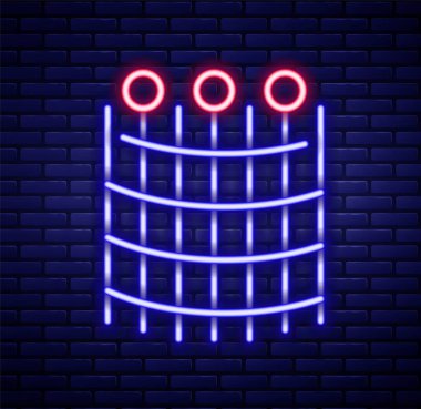 Parlayan neon hattı balıkçı ağı deseni ikonu tuğla duvar arka planında izole edildi. Balık oltası. Renkli taslak konsepti. Vektör