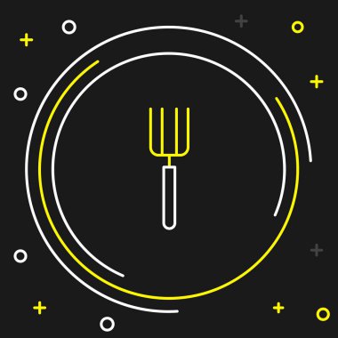 Çizgi Bahçesi yabası simgesi siyah arkaplanda izole edildi. Bahçe çatalı işareti. Bahçecilik, tarım, çiftçilik aleti. Renkli taslak konsepti. Vektör