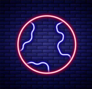 Parlayan neon çizgisi Dünya ikonu tuğla duvar arkasında izole edilmiş. Dünya ya da Dünya işareti. Küresel internet sembolü. Geometrik şekiller. Renkli taslak konsepti. Vektör