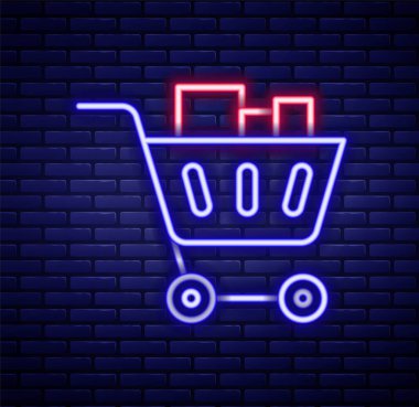 Parlayan neon hattı alışveriş arabası ve duvarda izole edilmiş yemek ikonu. Yiyecek dükkanı, süpermarket. Renkli taslak konsepti. Vektör