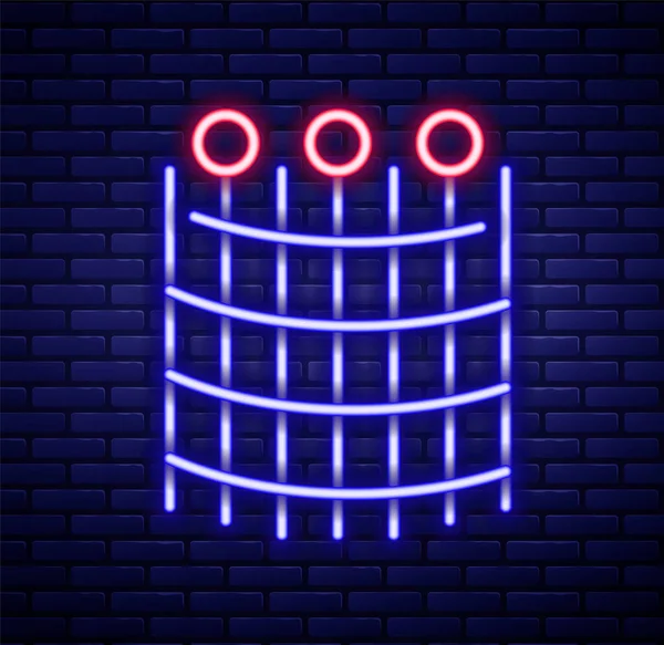 Parlayan neon hattı balıkçı ağı deseni ikonu tuğla duvar arka planında izole edildi. Balık oltası. Renkli taslak konsepti. Vektör