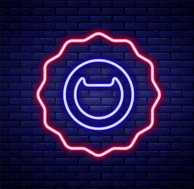 Parlayan neon hattı şişe açacağı simgesi tuğla duvar arka planında izole edildi. Renkli taslak konsepti. Vektör