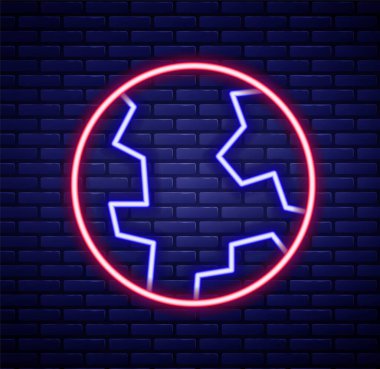 Parlayan neon çizgisi Dünya ikonu tuğla duvar arkasında izole edilmiş. Dünya ya da Dünya işareti. Küresel internet sembolü. Geometrik şekiller. Renkli taslak konsepti. Vektör