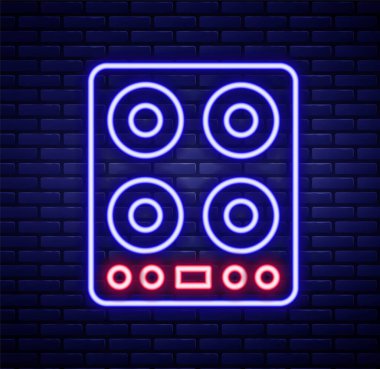 Parlayan neon hattı gaz ocağı ikonu tuğla duvar arka planında izole edilmiş. Mutfak tabelaları. Dört daire ocağı olan bir hob. Renkli taslak konsepti. Vektör