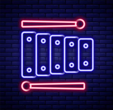 Parlayan neon hattı ksilofon - 13 tahta çubuklu müzik aleti ve tuğla duvar arkasında izole edilmiş iki perküsyon tokmağı ikonu. Renkli taslak konsepti. Vektör