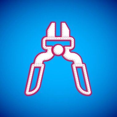 Beyaz Pense araç simgesi mavi arkaplanda izole edildi. Pense endüstriyel mekanik su tesisatında çalışıyor. Vektör