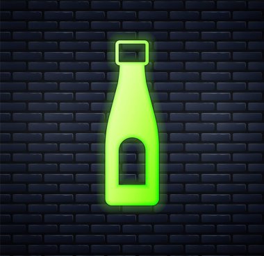 Işıldayan neon şişe su ikonu, tuğla duvar arkasında izole edilmiş. Soda su içme tabelası. Vektör