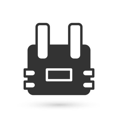 Beyaz arka planda izole edilmiş kurşun ikonundan korunmak için gri kurşun geçirmez yelek. Vücut zırhı işareti. Askeri kıyafetler. Vektör