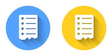 Beyaz Alışveriş Listesi simgesi uzun gölge arkaplan izole. Çember düğmesi. Vektör