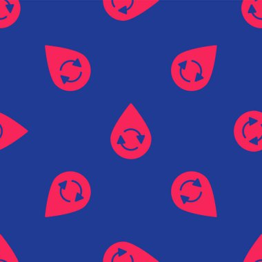 Kırmızı Geri Dönüşüm Temiz Su Simgesi mavi arka planda izole edilmiş kusursuz desen. İşaret geri dönüşümlü bir damla su. Vektör