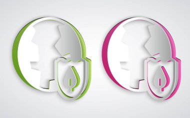 Kağıt, gri arka planda izole edilmiş kalkan ikonu ile Dünya 'yı kesti. Sigorta konsepti. Güvenlik, güvenlik, koruma, gizlilik kavramı. Kağıt sanatı tarzı. Vektör