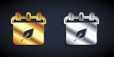 Sonbahar yaprakları simgesi siyah arkaplanda izole edilmiş altın ve gümüş takvim. Uzun gölge tarzı. Vektör