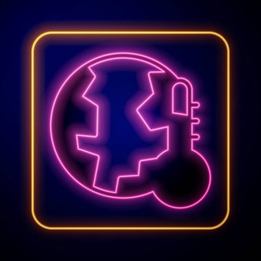 Parlayan neon gezegenler kara arka planda izole edilmiş küresel ısınma simgesine dönüşüyorlar. Ekolojik problemler ve çözümler - termometre. Vektör